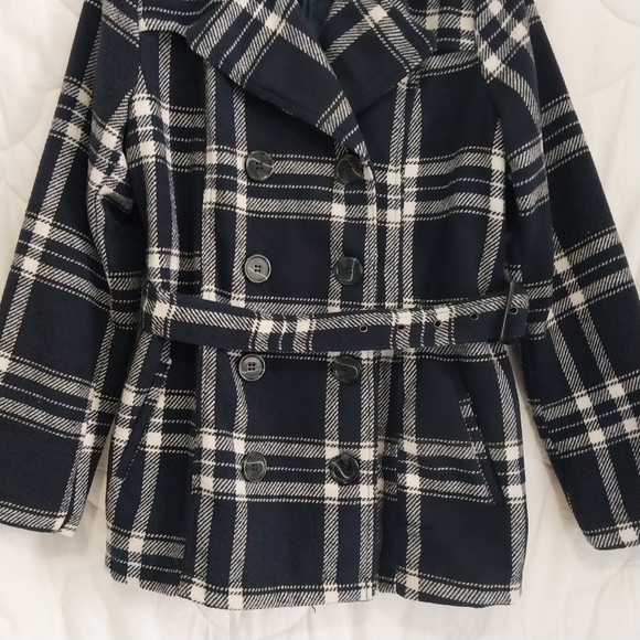 Bongo Womens Large Belted Brushed Soft Button-Down Plaid Navy Blue White Jacket - Picture 6 of 15
